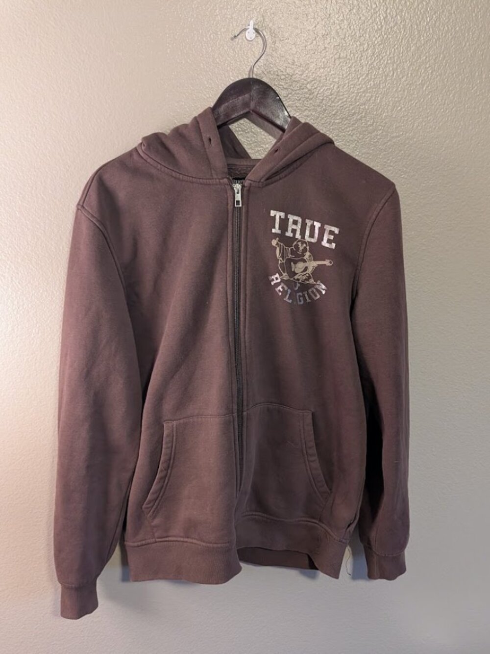 True Religion Men Brown Full Zip Hoodie Graphic Buddha Guitar Size M Oversize